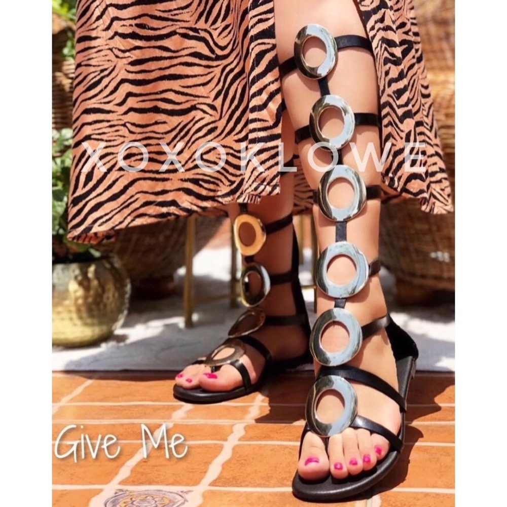 Black Gladiator Sandals Tall Gold Hardware - Picture 10 of 14